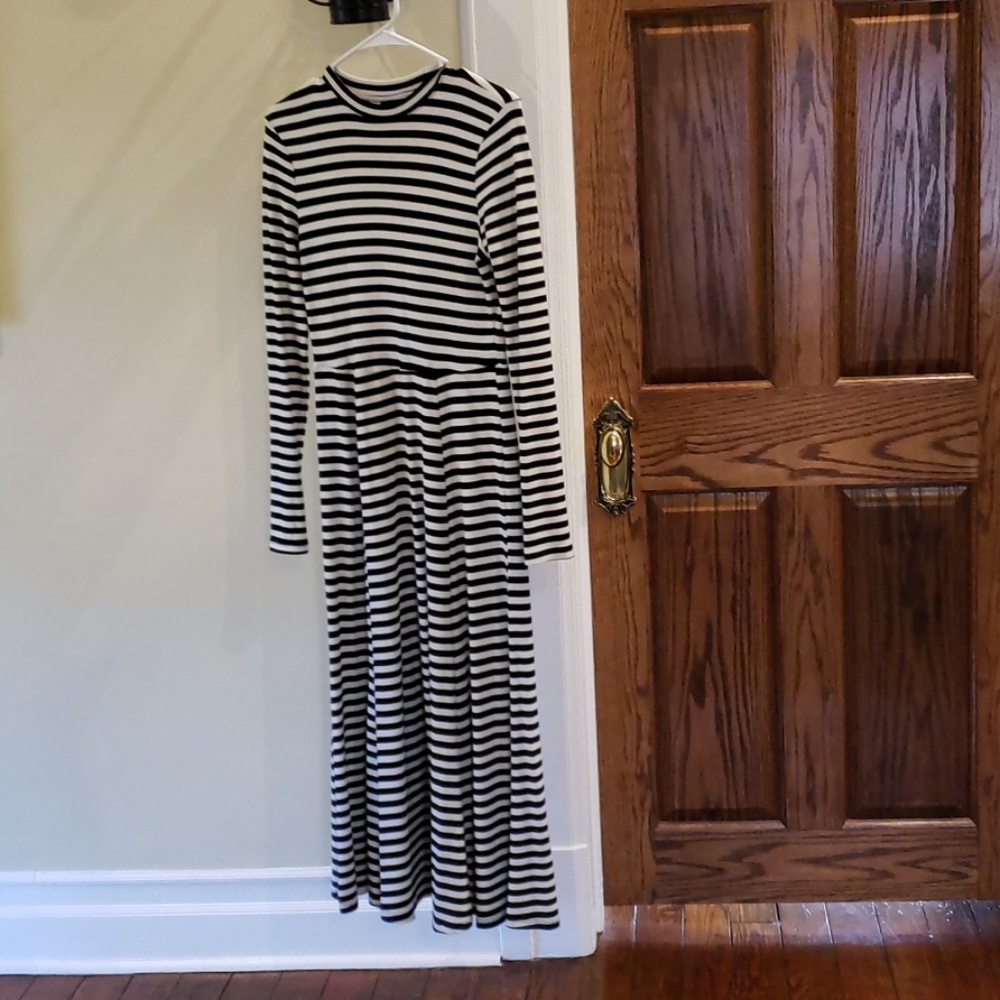 Black and white striped ankle length knit dress